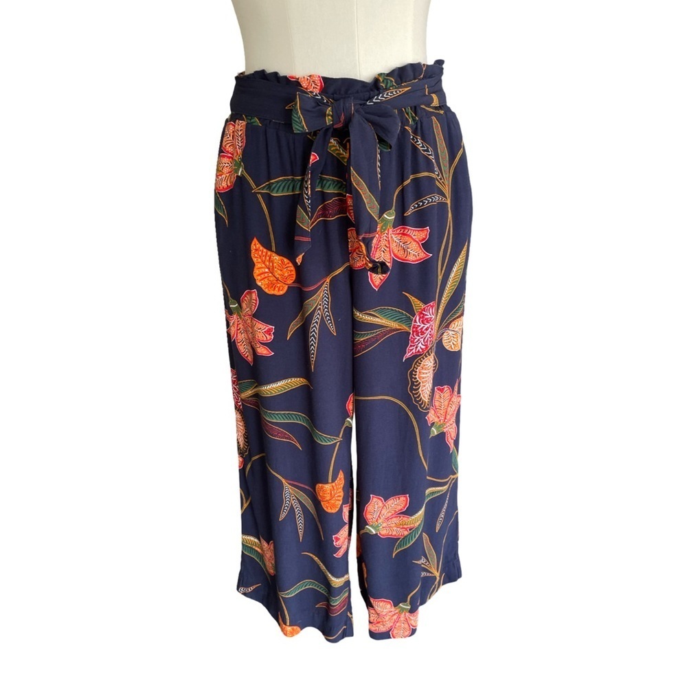 LOFT Navy Floral Tie Waist Wide Leg Women's Pants Medium Petite
